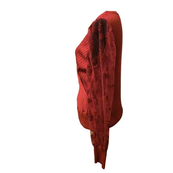 Cato XL Knit Red Sweater Mesh Velvet Floral Sleeve Whimsigoth Fairy Grunge - Picture 4 of 10